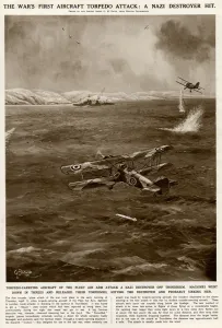 Biplane Prints: First torpedo air attack by G. H. Davis