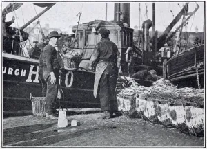 Industry Prints: Fishermen unloading their catch during the herring harvest, October and November