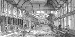Charing Prints: The Floating Swimming Bath, Charing Cross, London, 1875