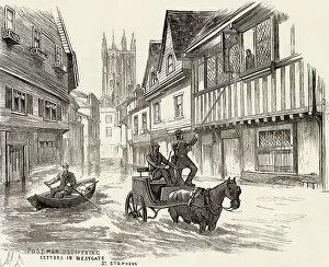 Britain Prints: Floods at Canterbury, Kent, in autumn 1882: postman delivering letters in Westgate
