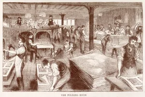 1881 Prints: In the folding room, busy workers checking, sorting and putting in order the pages