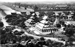Prints of Aerial photograph showing the moat and inner walls of the fortified city of Mandalay, also known as Fort Dufferin, in the kingdom of Burma, 1945 October Prints: The Fortified City of Mandalay, Burma, 1945
