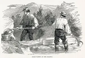 19th Prints: Two fortune seekers, one man shovelling up washed up dirty water into a cradle