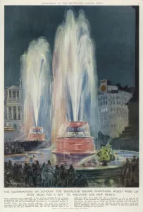 Crowds Prints: Fountains of Trafalgar Square lit with blue to welcome birth