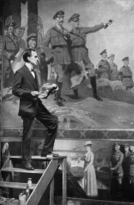 Steps Prints: Frank O Salisbury working on painting of King at the Front