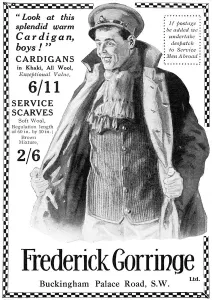 Scarf Prints: Frederick Gorringe advert - cardigans for soldiers, WWI