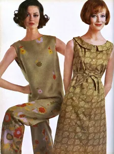 1965 Prints: Fredrica trouser suit, Marimekko dress, 1965 fashion