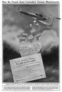 Prisoners Prints: French biplane dropping propaganda leaflets, WWI