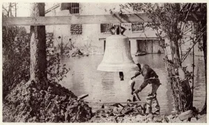 Bells Prints: French church bell used as gas warning alarm, 1917, WW1
