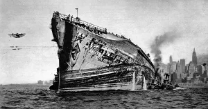 May Prints: French luxury liner, Normandie, in New York Harbour, Novem