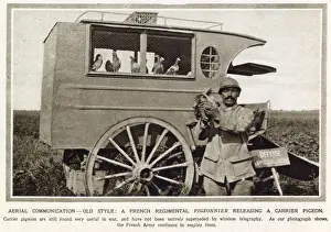Communications Prints: French regimental pigeonnier releasing a carrier pigeon