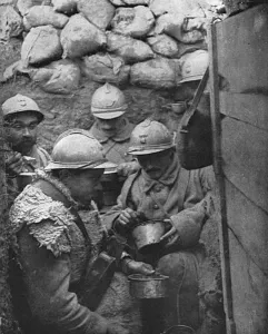 Meals Prints: French soldiers eating in the trenches during World War I