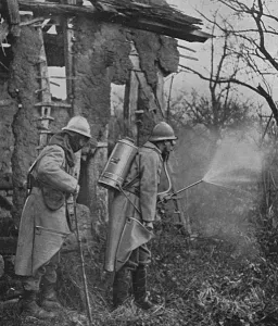 Mask Prints: French soldiers spraying disinfectant, WW1