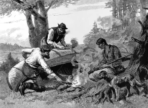 Canadian Prints: Three Frontiersmen Mending their Canoe, Canada, 1883