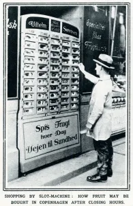 Shops Prints: Fruit bought from a slot-machine 1928