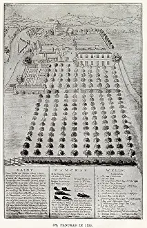 Gardens Prints: Gardens and buildings at St. Pancras, then just outside London. Date: 1730