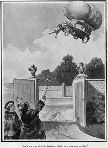 Jobs Prints: Gas powered car with lady chauffeur, WW1 cartoon