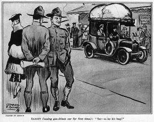 Americans Prints: Gas powered cars, WW1 cartoon