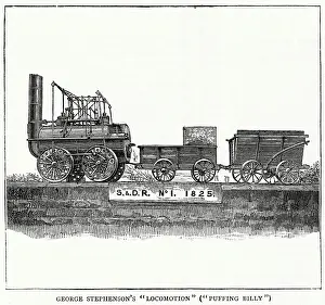 Stephenson Prints: George Stephenson's Locomotion - Puffing Billy locomotive railway train. Date: 1825
