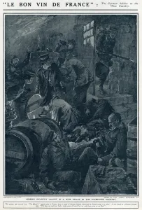 Wine Prints: German infantry in French wine cellar, World War One