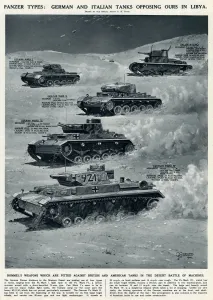 G H Davis Illustrations Prints: German and Italian tanks in Libya by G. H. Davis