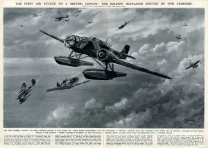 G H Davis Illustrations Prints: German seaplane attack on British convoy by G. H. Davis