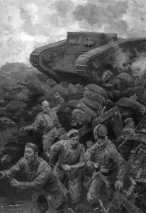 Firing Prints: German soldiers fleeing from a firing tank, WW1