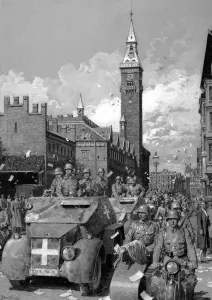 Spire Prints: German troops driving down a street, WW2