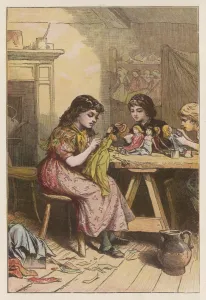Sewing Prints: Girls Making Dolls 1878