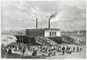 1850s Prints: The grand naval review-excursionists on the floating-bridge in Portsea Island