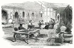 Saloon Prints: The Grand Saloon of the Atlantic steamship Atlantic with plenty of sofas on which passengers may make themselves
