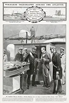 Communications Prints: Guglielmo Marconi reading a wireless telegraph message on tape from a across the Atlantic