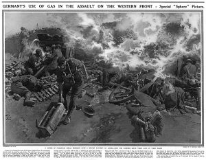 Mask Prints: Gunners working through German gas attack by Matania