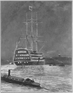 Trafalgar Prints: H. M. S. Victory illuminated at night