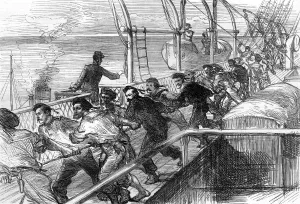 Operations Prints: The hauling up of a lifeboat on HMS Serapis, 1875