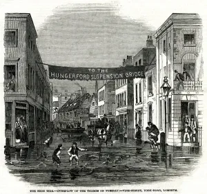 1850s Prints: High tide of the Thames in Lambeth 1850