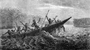 1857 Prints: Hippopotamus attacking a canoe, South Africa, 1857