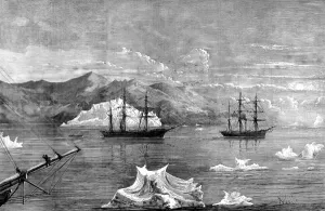 August Prints: HMS Alert towing HMS Discovery through Icebergs, British