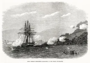 Ship Prints: HMS Rinaldo bombarding Salangore in the Strait of Malacca. Date: 1871