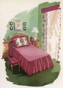 Bedrooms Prints: Homemade soft furnishings for a bedroom, 1954