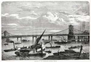 1860s Prints: Hungerford Bridge made of wrought iron, a suspension footbridge running from the South
