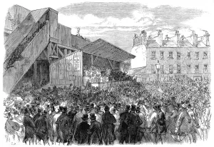 Prints of Engraving showing the hustings for the Southwark election, held beside Borough Road, 1870 November Prints: The Hustings in Borough Road, Southwark, 1870