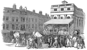 Prints of Engraving showing the Hustings outside Southwark Town Hall, during the General Election of 1852 November Prints: The Hustings at Southwark Town Hall, London, 1852