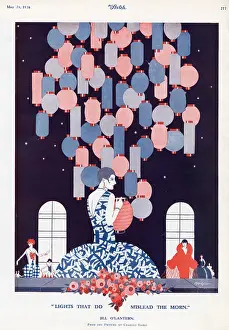 Baird Prints: This illustration shows a fashionable woman in front of a collection of chinese lanterns
