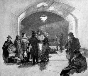 Arriving Prints: Immigrants arriving at Tower Bridge Stairs, London, 1904