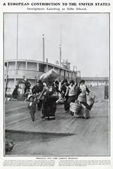 European Prints: Immigrants with their belongings from Euro leaving the ship in Ellis Island