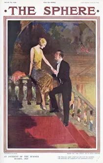 June Prints: Inner front cover of The Sphere magazine showing a 1920s couple enjoying a romantic moment on a staircase away