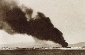 Spain Prints: An insurgent air attack on Malaga, Spain, during the civil war. Date: 1936