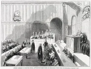 Ceremony Prints: Interior of Court of Exchequer Chamber, showing the ancient ceremony of chopping sticks