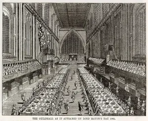Interior Prints: Interior of the Guildhall, during the feast on Lord Mayor's Day. Date: 1761